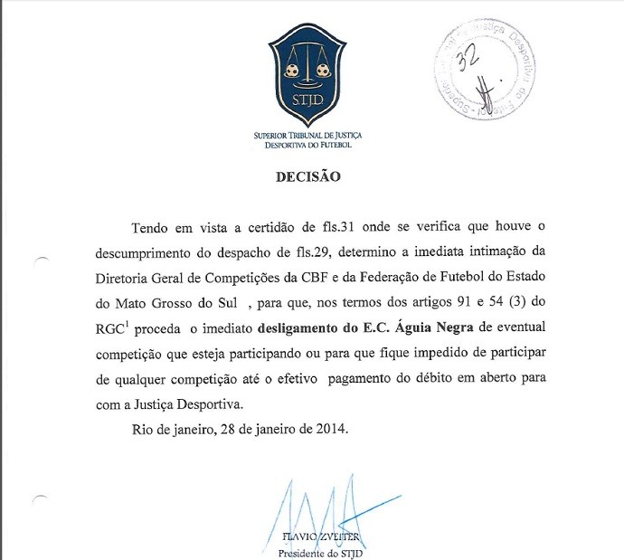 Presidente do Águia Negra garante ter pago débito de R$ 2,5 mil no STJD