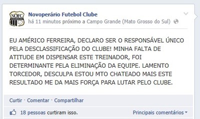 Presidente do Galo desabafa na web: 'Responsável pela desclassificação'
