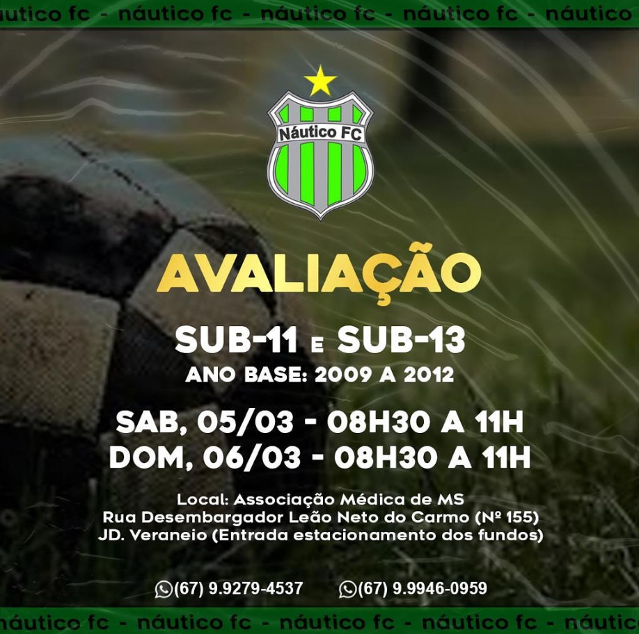 Náutico Futebol Clube realizará avaliação para categoria sub-11 e sub-13 
