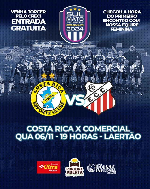 Quarta-feira tem confronto feminino entre Costa Rica e Comercial