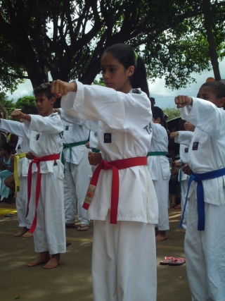 Projeto incentiva estudantes a praticar o taekwondo.