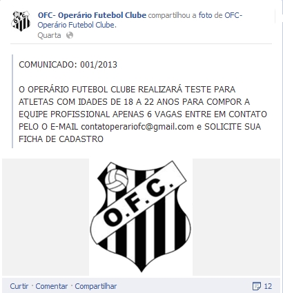 Operário chama atletas em rede social para disputar Série B estadual 