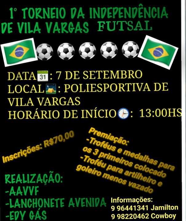 Abertas as inscrições para o 1º Torneio da Independência de Vila Vargas