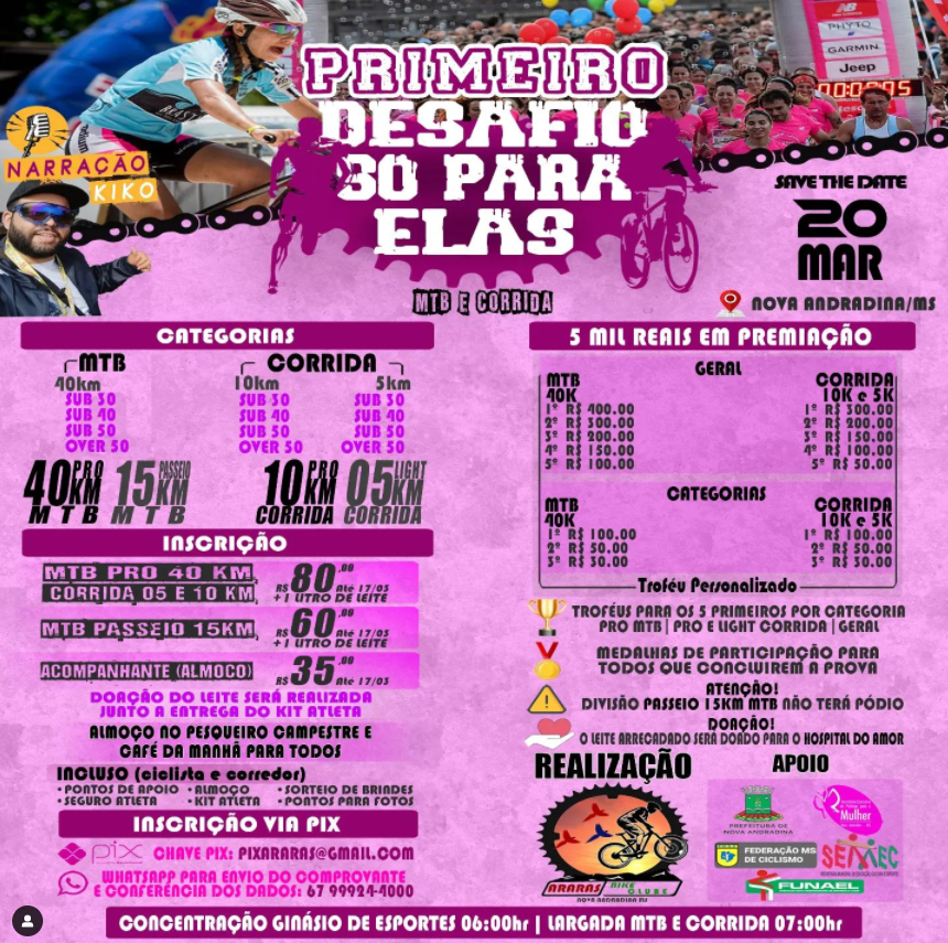 Nova Andradina será palco do Primeiro Desafio Só Para Elas de mountain bike e ciclismo