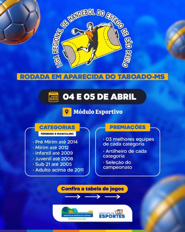 Aparecida do Taboado sedia grande rodada da Liga Regional de Handebol neste fim de semana