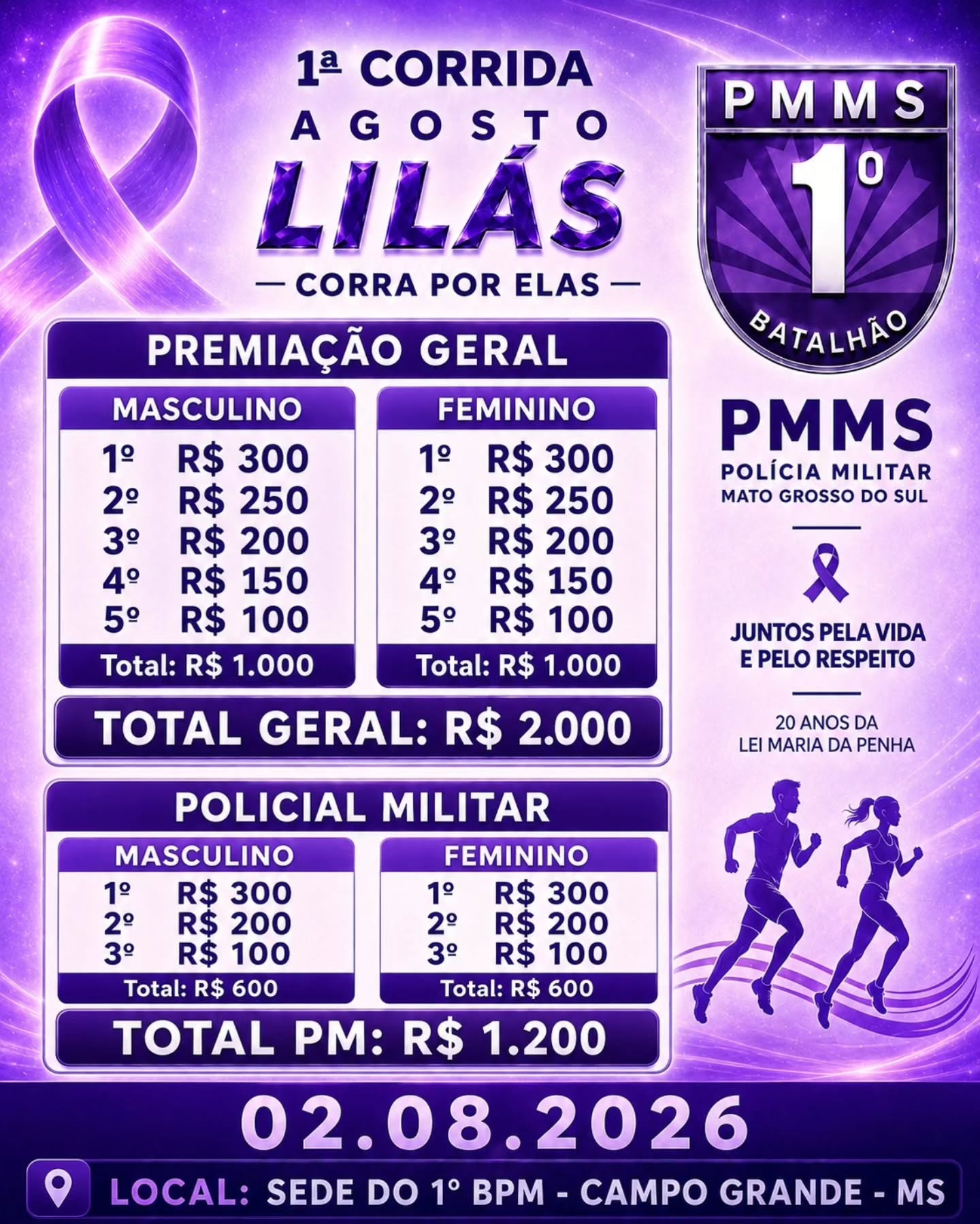 1ª Corrida Agosto Lilás será realizada em Campo Grande com R$ 3,2 mil em premiações