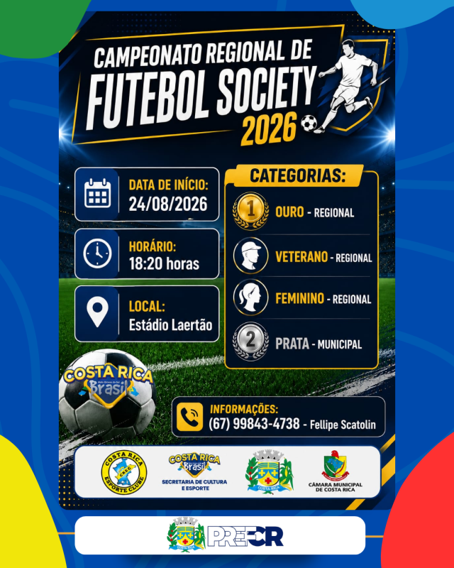 Campeonato Regional de Futebol Society 2026 começa hoje e reúne categorias Ouro, Prata, Veterano e Feminino em Costa Rica